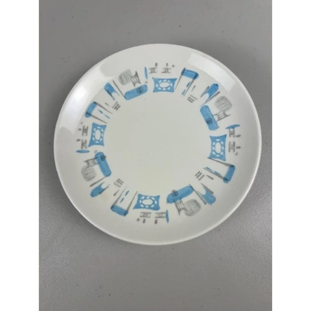 Vintage Mid-Century Modern Atomic Bread Butter Salad Plates Blue Gray Set 3